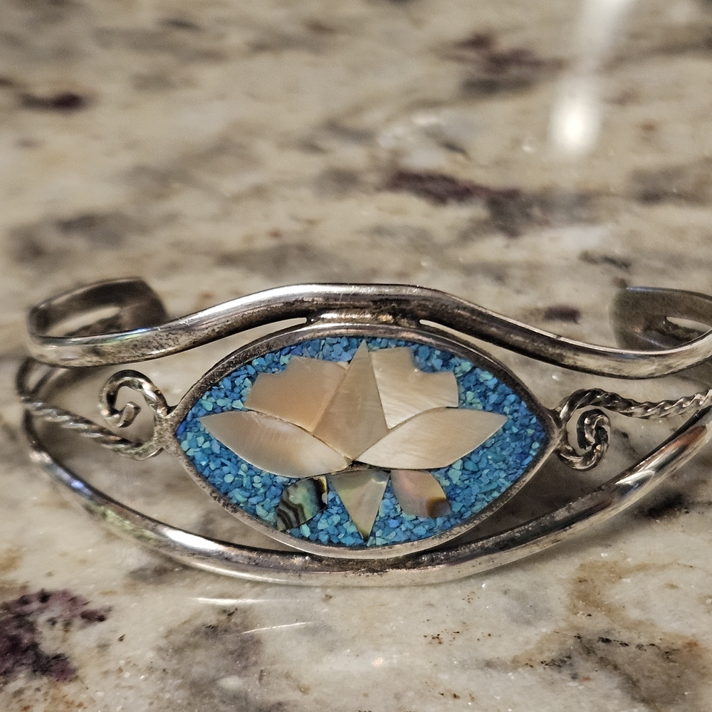 Alpaca Mexico Silver, Mother Of Pearl and Turquoise Inlay Bracelet